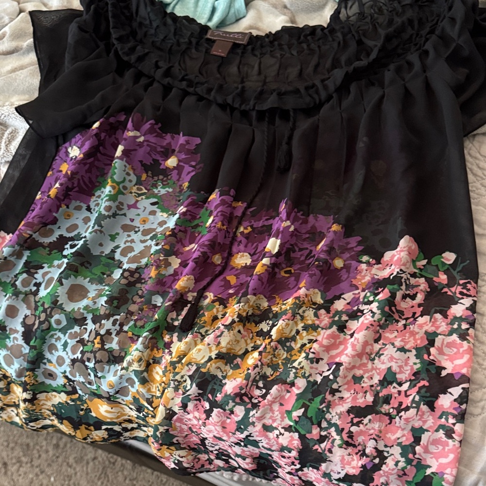 Vibrant Floral Blouse with Ruffled Neckline